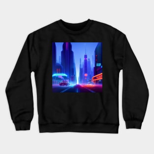 Ai Generated Art Scenery - Futuristic City Street With Cars And Neon Lighting Crewneck Sweatshirt